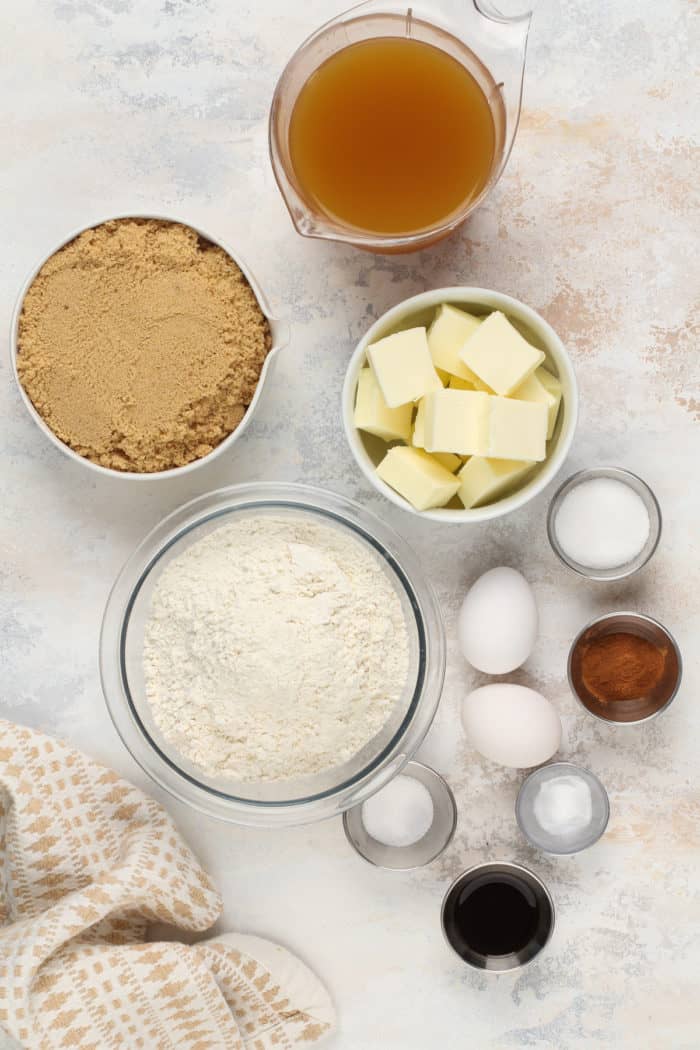 Ingredients for apple cider blondies arranged on a countertop.