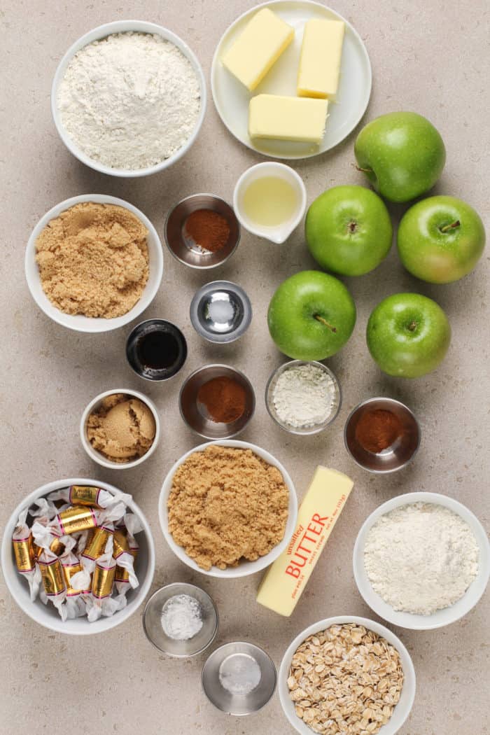 Ingredients for apple crisp bars on a countertop.