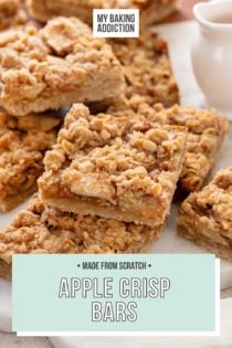 Sliced apple crisp bars arranged on a marble board. Text overlay includes recipe name.
