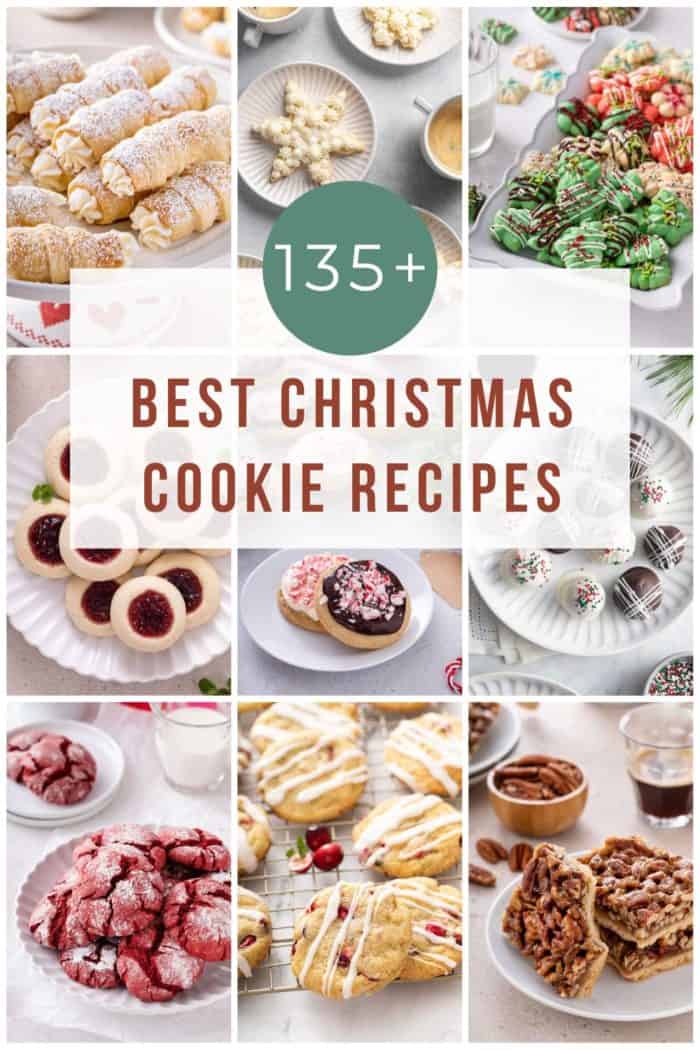 Collage featuring images of nine different christmas cookies and overlay text that reads, "135+ best christmas cookie recipes."