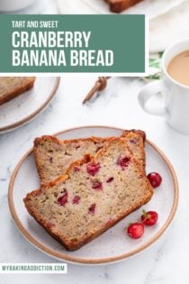 Two slices of cranberry banana bread on a speckled plate. Text overlay includes recipe name.
