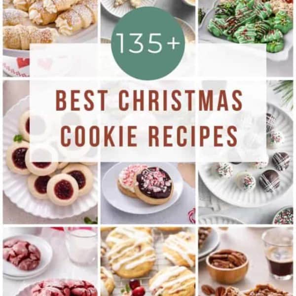 Collage featuring images of nine different christmas cookies and overlay text that reads, "135+ best christmas cookie recipes."