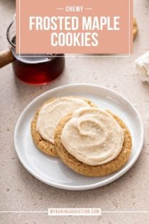 Two frosted maple cookies arranged on a white plate. Text overlay includes recipe name.