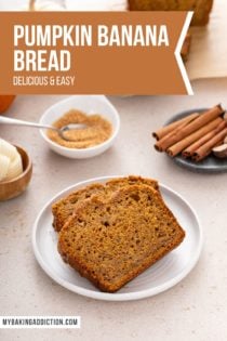 Two slices of pumpkin banana bread on a white plate. Text overlay includes recipe name.