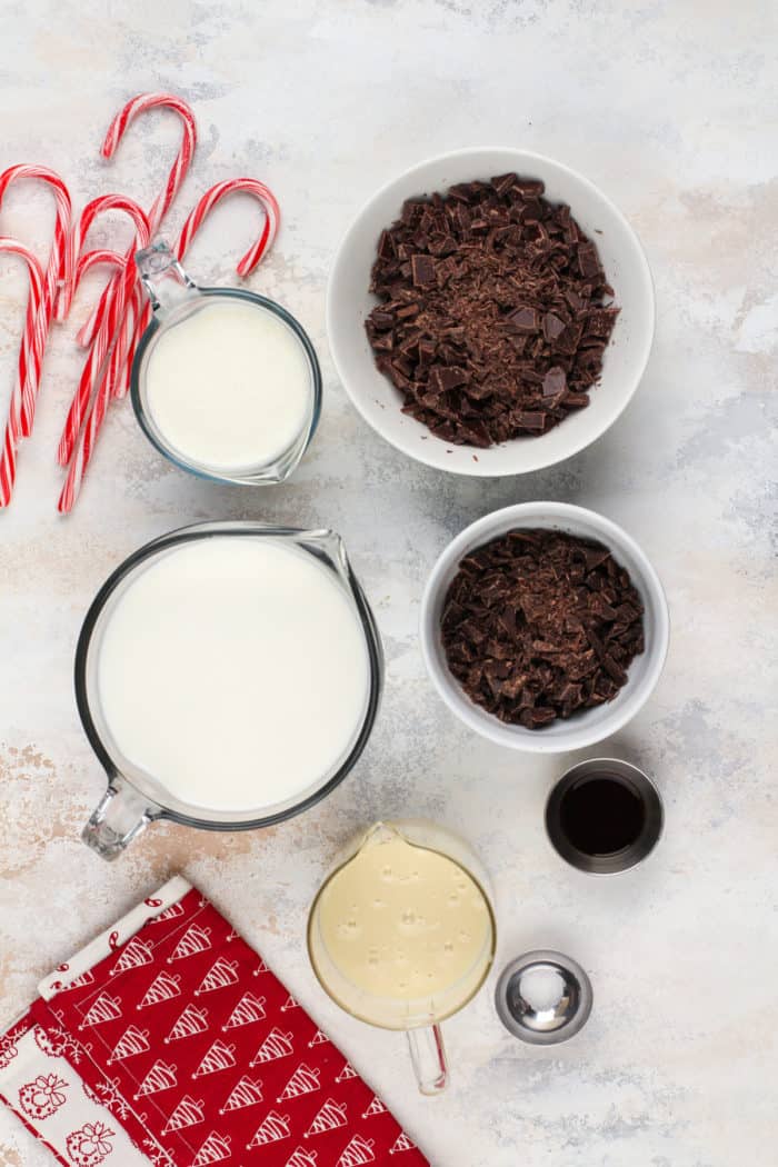 Crockpot hot chocolate ingredients arranged on a countertop.