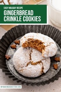Two gingerbread crinkle cookies in a mini tart pan. One cookie has a bite taken from it. Text overlay includes recipe name.