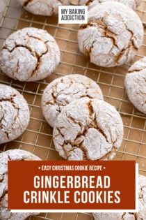 Close up of gingerbread crinkle cookies cooling on a wire rack. text overlay includes recipe name.