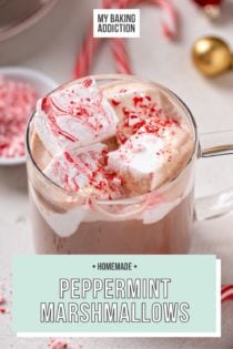 Close up view of peppermint marshmallows on top of a mug of hot chocolate. Text overlay includes recipe name.