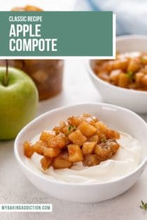 Apple compote on top of yogurt in a white bowl. Text overlay includes recipe name.