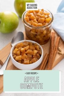 Glass jar and white bowl, both filled with apple compote and set on a wooden board next to cinnamon sticks. Text overlay includes recipe name.