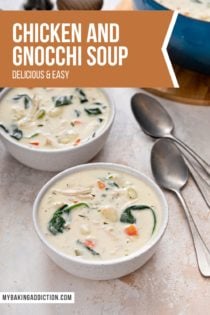 Two white bowls filled with chicken and gnocchi soup. Text overlay includes recipe name.