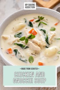 Close up of white bowl filled with chicken and gnocchi soup. Text overlay includes recipe name.