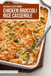 Casserole dish of chicken broccoli rice casserole with a serving spoon in the corner of the casserole. Text overlay includes recipe name.