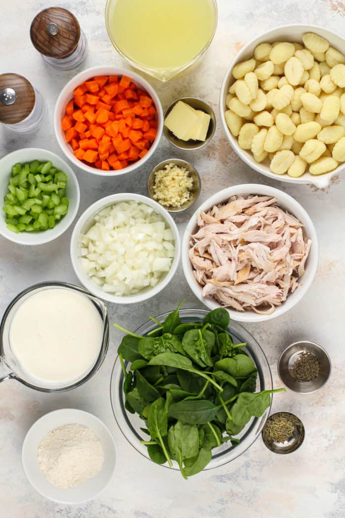 Ingredients for chicken and gnocchi soup arranged on a gray countertop.