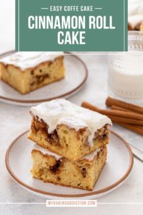 Two plates, each holding slices of cinnamon roll cake. A glass of milk is visible in the background. text overlay includes recipe name.