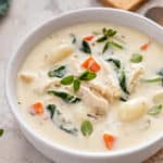 Close up of chicken and gnocchi soup in a white bowl.