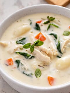 Close up of chicken and gnocchi soup in a white bowl.
