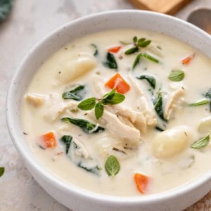 Close up of chicken and gnocchi soup in a white bowl.