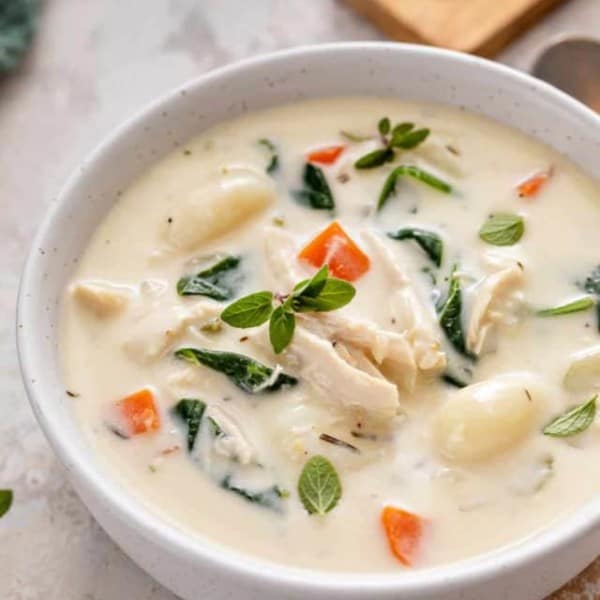 Close up of white bowl filled with chicken and gnocchi soup.