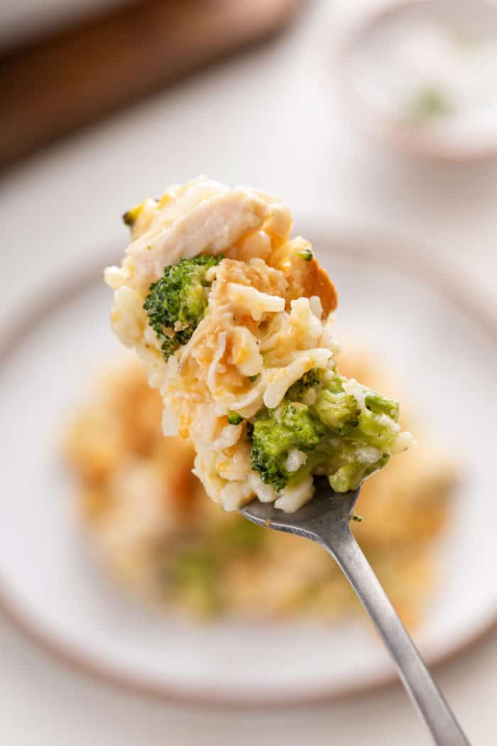 Fork holding up a bite of chicken broccoli rice casserole to the camera.