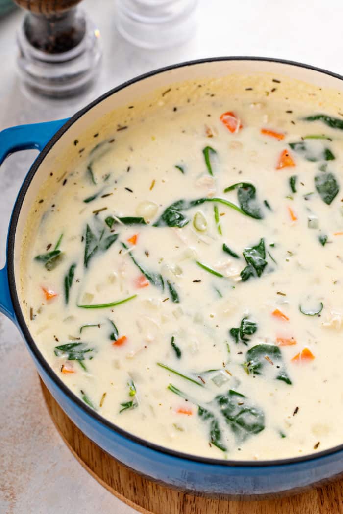 Blue dutch oven filled with chicken and gnocchi soup.