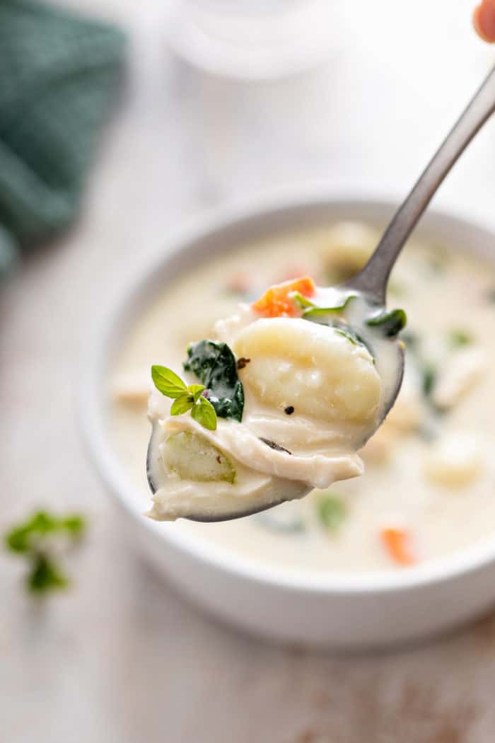 Spoon holding up a bite of chicken and gnocchi soup.