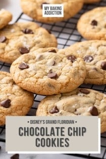 Grand floridian chocolate chip cookies arranged on a wire cooling rack. Text overlay includes recipe name.