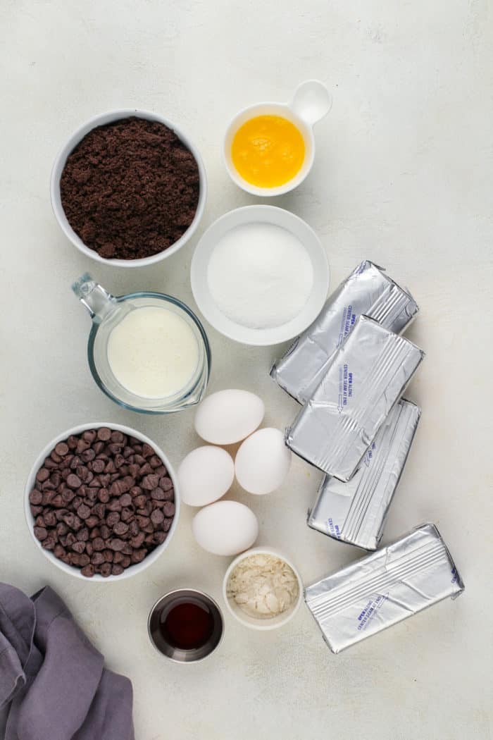 Ingredients for black forest cheesecake arranged on a gray countertop.