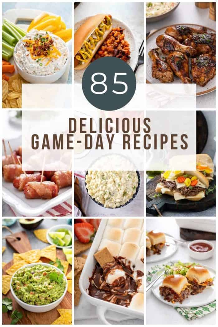 Collage of images of game-day food, with the text "85 delicious game-day recipes" over the image.