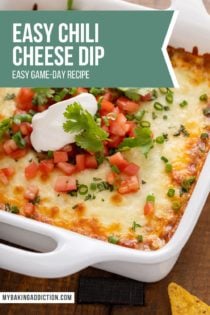 White baking dish filled with baked chili cheese dip. Text overlay includes recipe name.