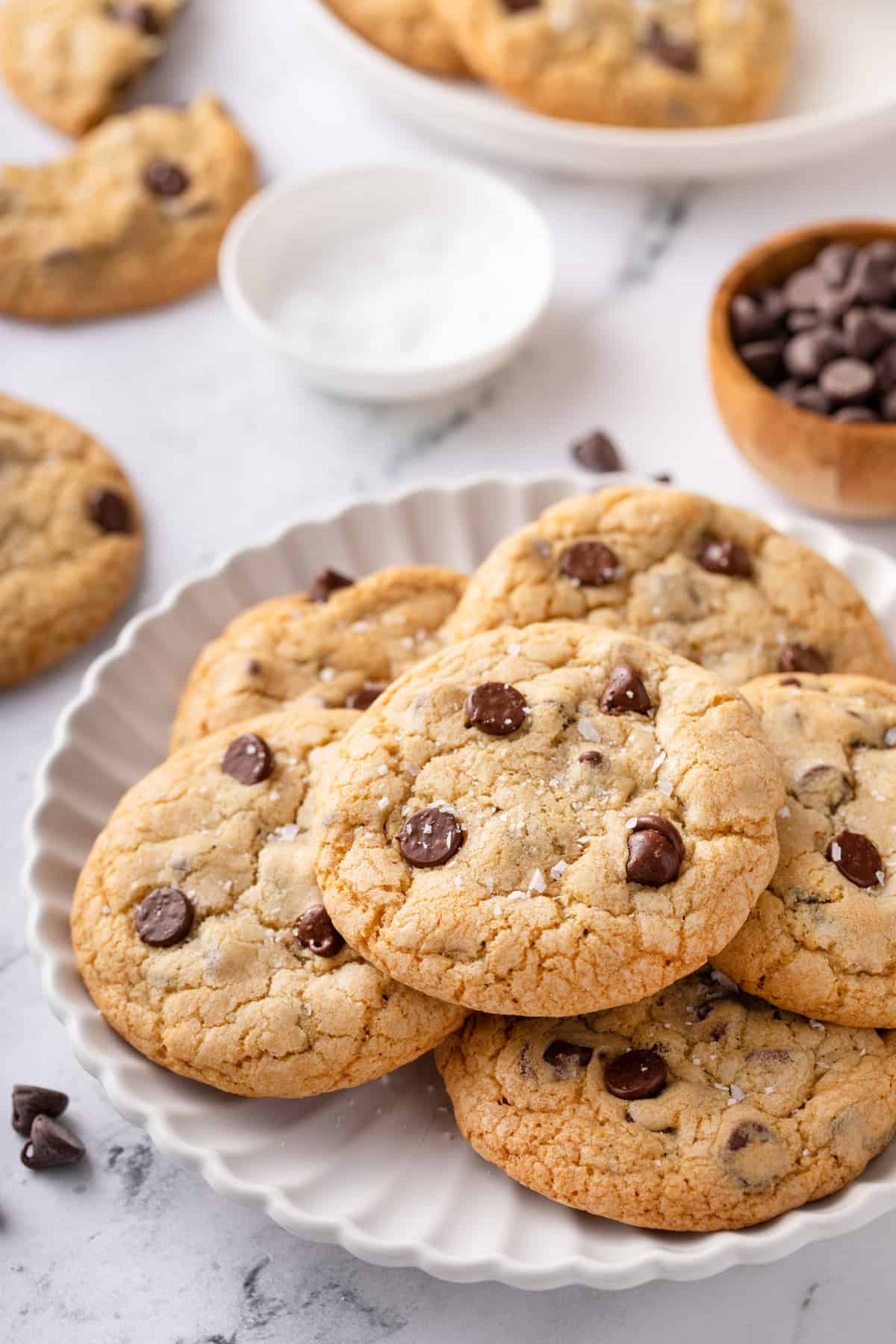 White plate filled with grand floridian chocolate chip cookies.