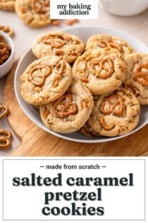 Several salted caramel pretzel cookies on a large plate set on a wooden board. Text overlay includes recipe name.