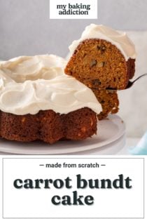 Cake server lifting up a slice of carrot bunt cake from a cake plate. Text overlay includes recipe name.
