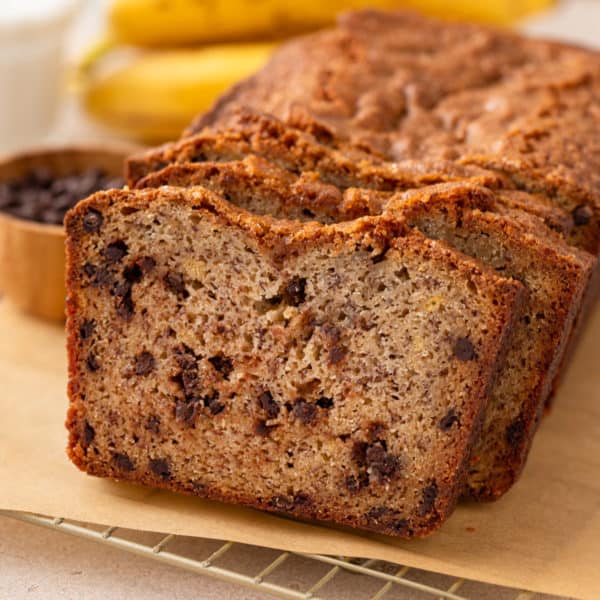 Slices of chocolate chip banana bread on a piece of parchment paper.