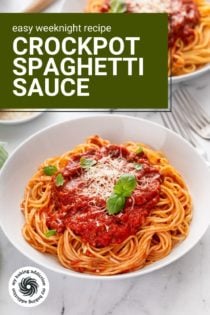 Two white bowls filled with spaghetti topped with sauce. Text overlay includes recipe name.