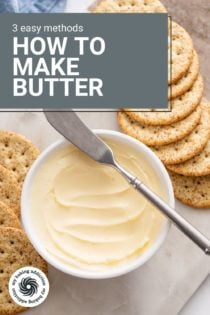 Bowl of butter surrounded by crackers on a marble board. Text overlay includes recipe name.