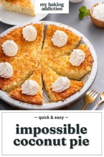 Sliced impossible coconut pie garnished with whipped cream in a pie plate. Text overlay includes recipe name.