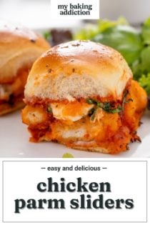 Chicken parmesan slider on a white plate with a green salad in the background. Text overlay includes recipe name.