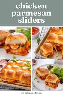 Collage of four photos of chicken parmesan sliders with the recipe name at the top.