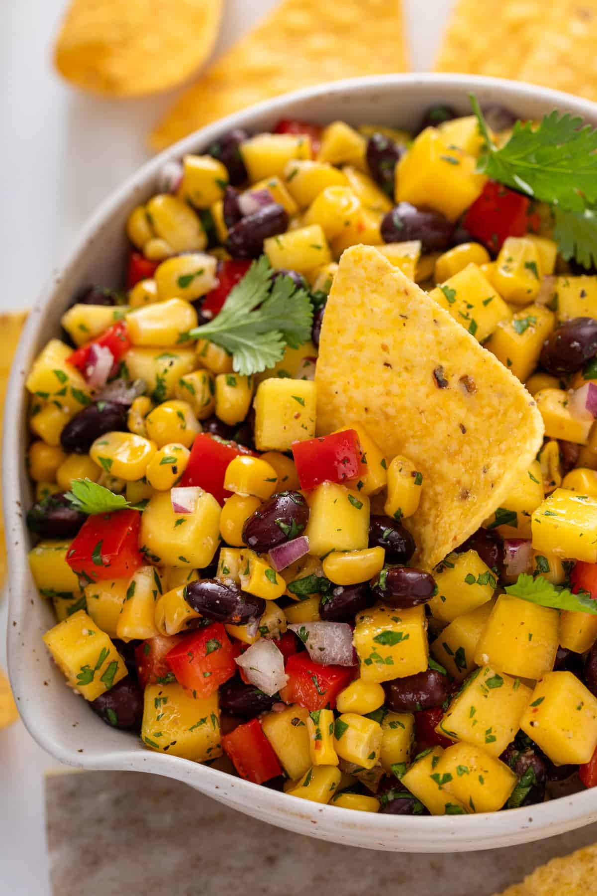 Bowl filled with mango and black bean salsa with a tortilla chip in it.