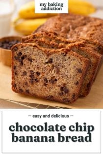 Slices of chocolate chip banana bread on a piece of parchment paper. Text overlay includes recipe name.