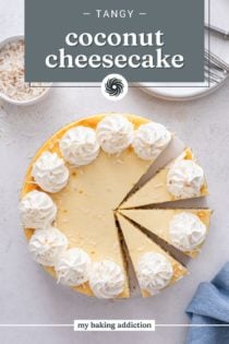 Overhead view of sliced coconut cheesecake garnished with whipped cream. Text overlay includes recipe name.