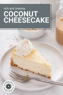 Slice of coconut cheesecake next to a fork on a white plate. Text overlay includes recipe name.
