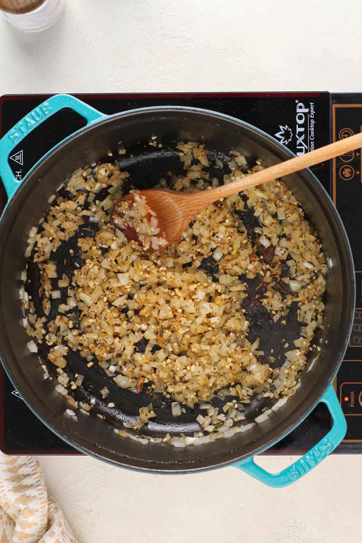 Sauteed onions and garlic in a dutch oven.