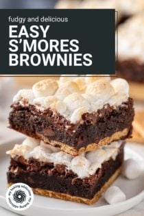 Two easy s'mores brownies stacked on a white plate. Text overlay includes recipe name.