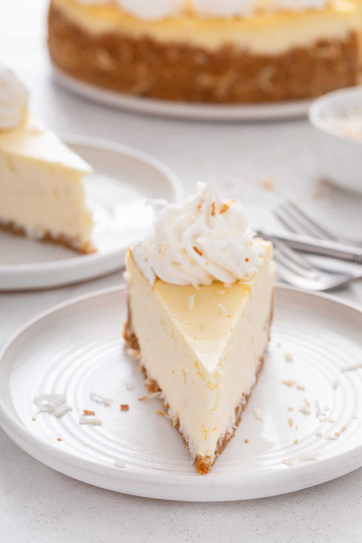 Front view of a slice of coconut cheesecake on a white plate.