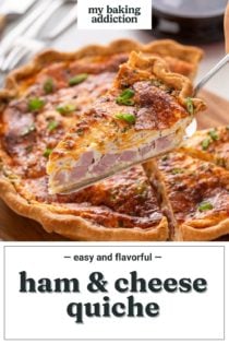 Pie server lifting a slice of ham and cheese quiche up to the camera. Text overlay includes recipe name.