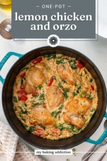 Overhead view of lemon chicken and orzo in a dutch oven. Text overlay includes recipe name.