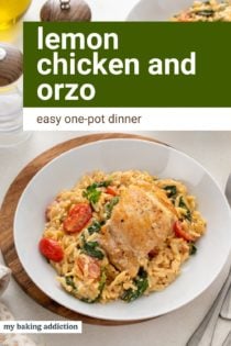White plate holding a serving of lemon chicken and orzo. Text overlay includes recipe name.