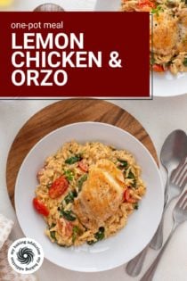 Overhead view of two white plates with lemon chicken and orzo. Text overlay includes recipe name.